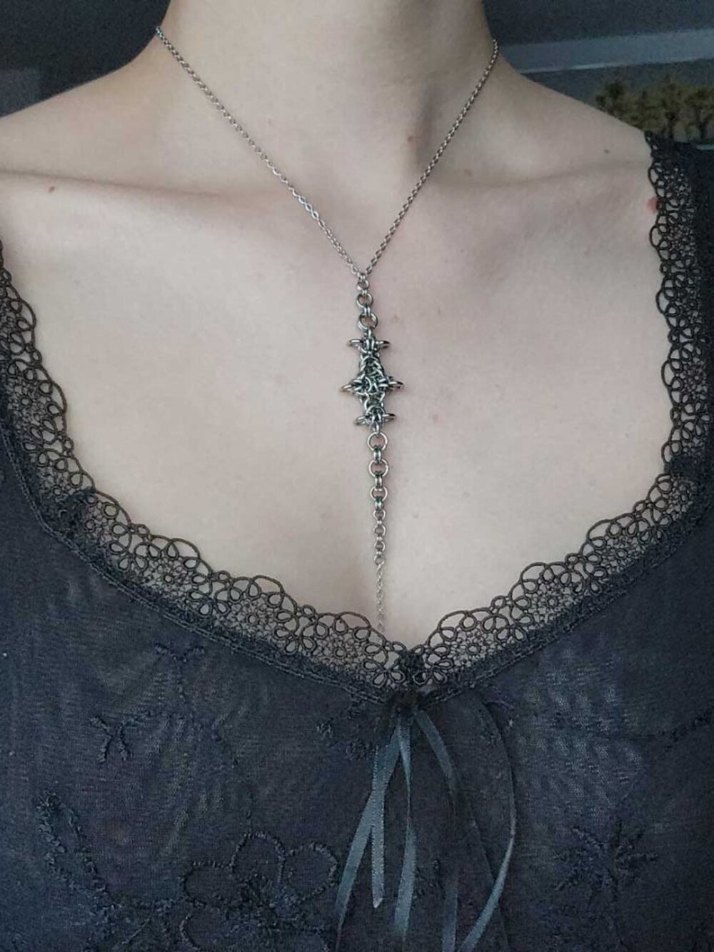 Gothic long silver rosary necklace ✦ Unique long medieval chainmaille necklace ✦ - Picture 3 of 9
